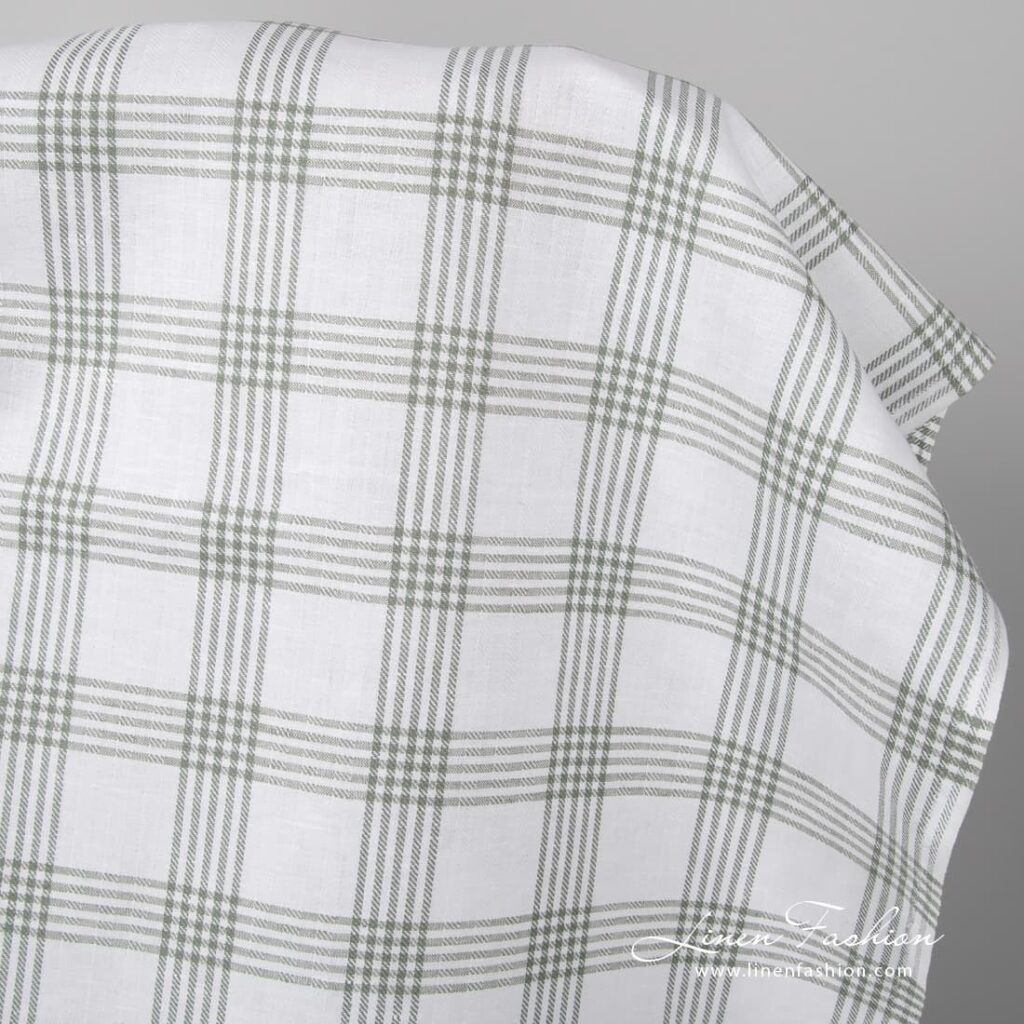 Tissu en coton lin blanc à carreaux gris 2 right white linen blend fabric with grey checks