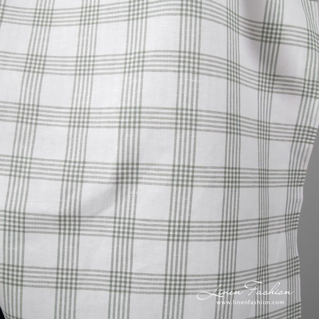 Tissu en coton lin blanc à carreaux gris 4 Grey grid checks on white background, twill weave linen cotton fabric