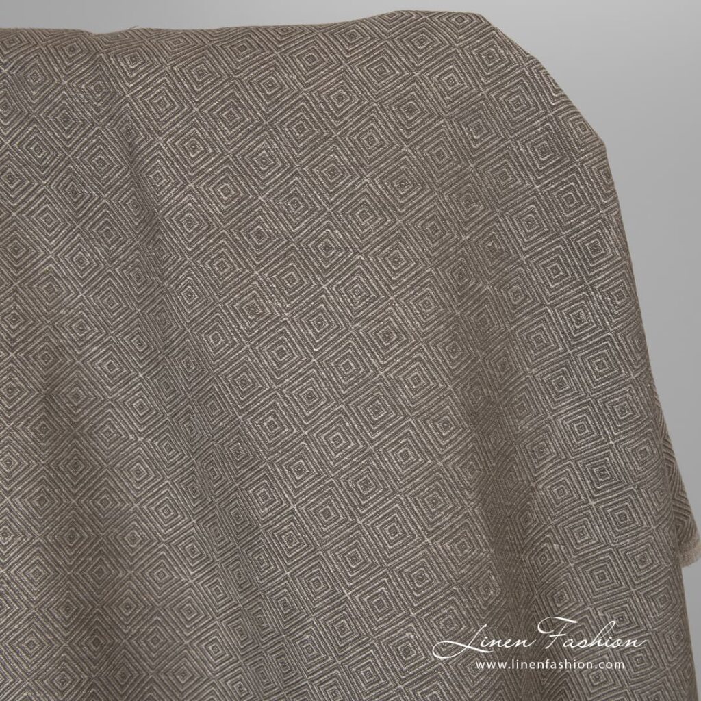Tissu en coton lin à motif de diamants marron 2 Linen cotton fabric in brown.
