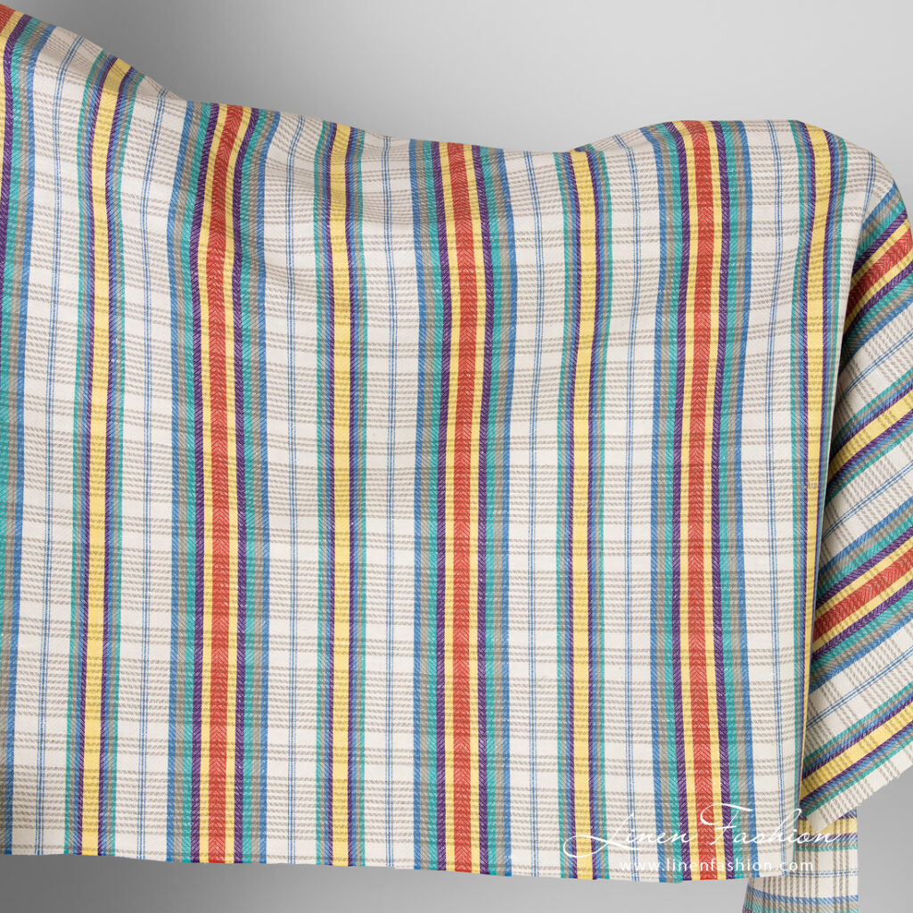 Tissu de lin et de coton à rayures multicolores 1 Linen cotton fabric with multicolored stripes