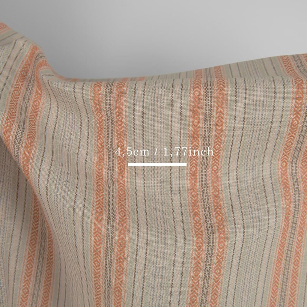 Tissu de lin et de coton à rayures marron vertes 4 Linen cotton fabric greenish brown stripes with measurements