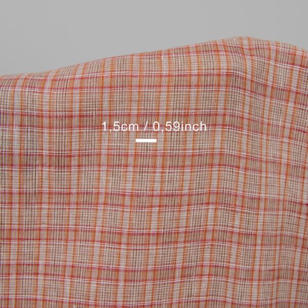 Red and white checked linen fabric with measurements