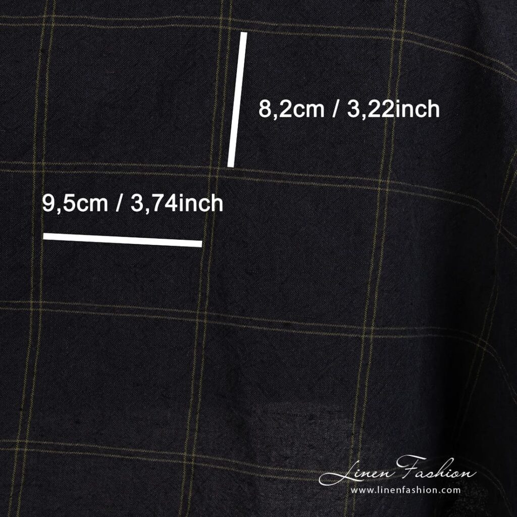 Tissu large en coton lin noir à carreaux verts lavés 4 Checked linen cotton fabric woven from black and dark green yarns