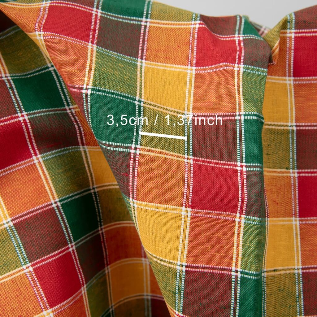 Tissu à carreaux jaunes, verts et rouges en lin et coton 4 Yellow, green and red checked linen cotton fabric with measurements