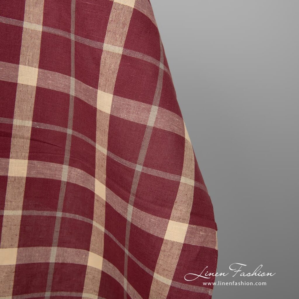 Tissu lin coton rouge à carreaux crème 3 Cream checked linen cotton fabric in red.