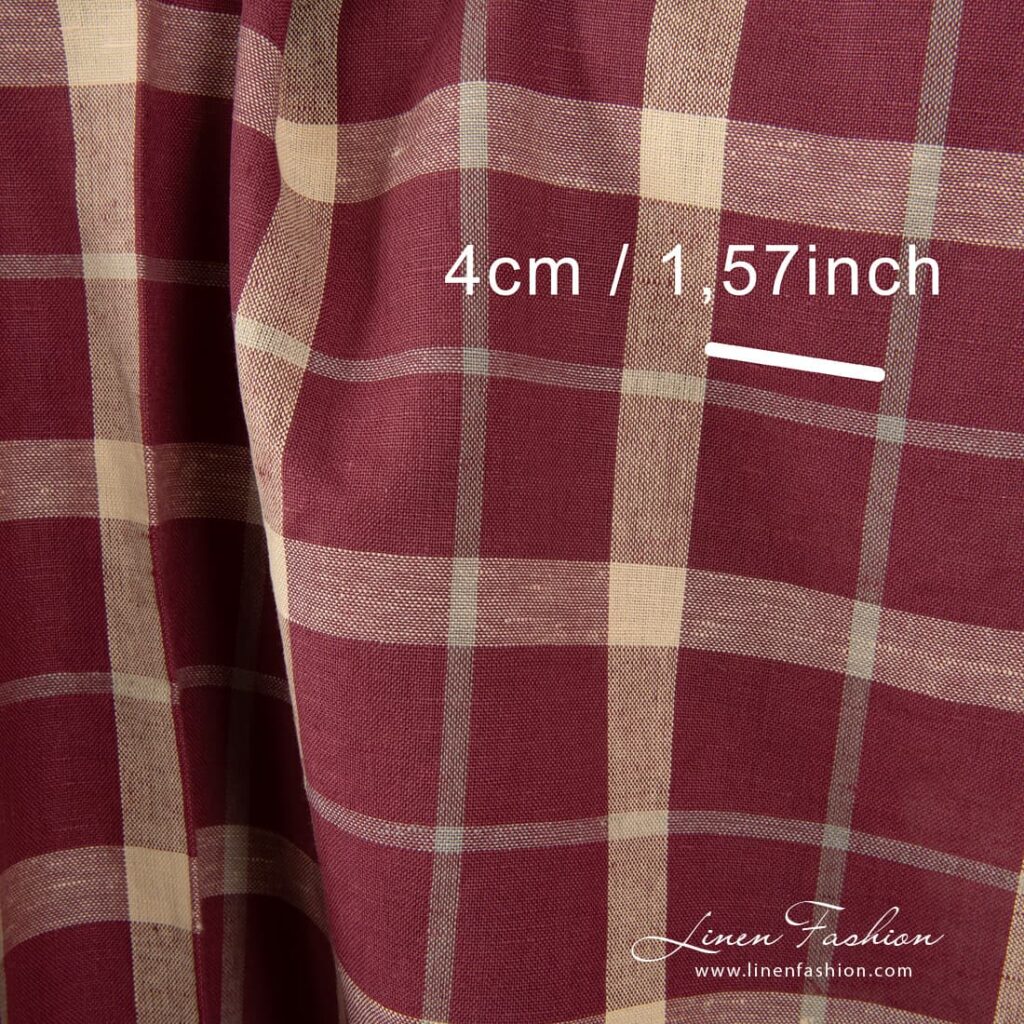 Tissu lin coton rouge à carreaux crème 4 Checked linen cotton fabric in red.