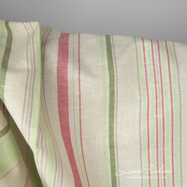 Linen cotton fabric in pink, rose, light grey, green, yellowish stripes