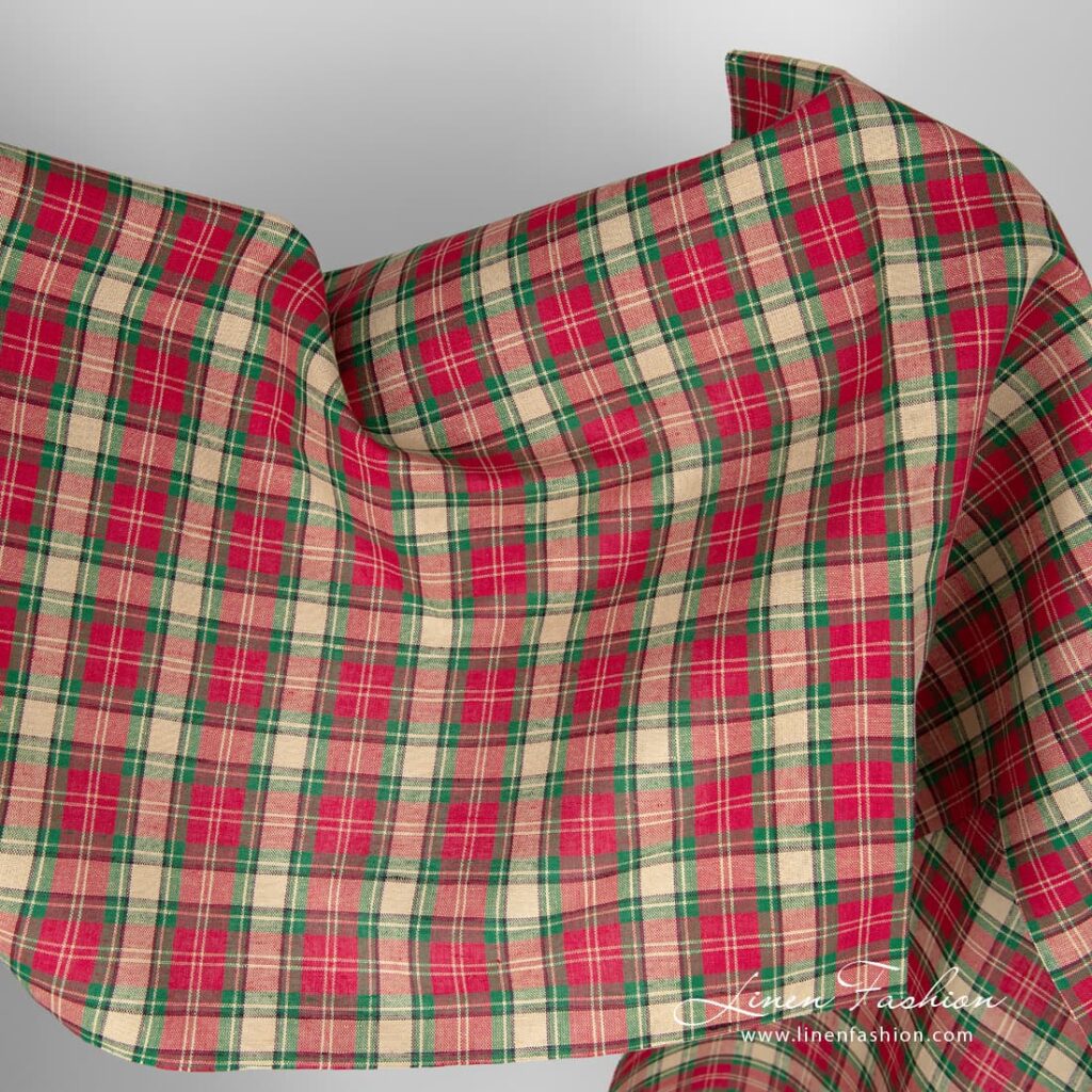 Tissu de lin et de coton à carreaux beiges et rouges 1 Linen cotton fabric with beige and red checks