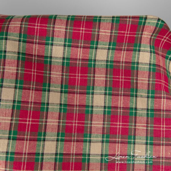 Linen blend with beige, red, green checks and black narrow stripes
