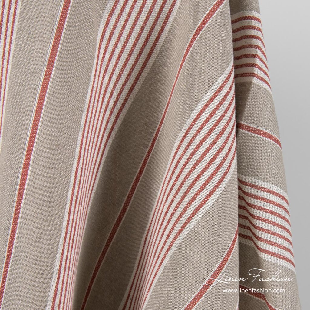 Tissu en coton lin gris à rayures blanches et rouges 2 Grey linen blend fabric with white, red stripes