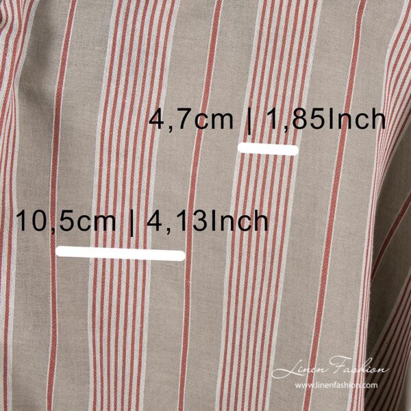 Linen blend fabric with white and red stripe width measures