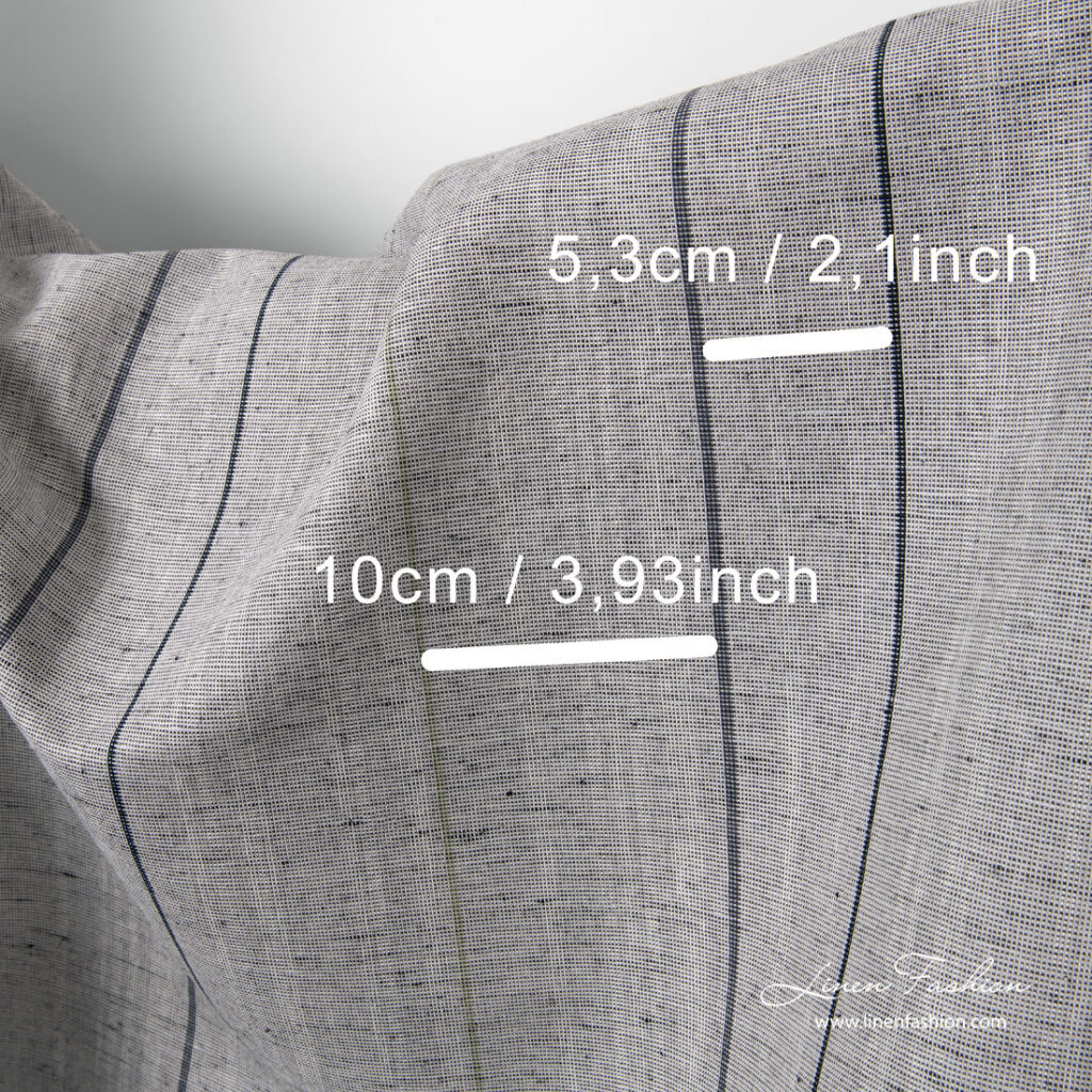 Tissu en coton lin panaché gris avec des rayures noires 2 Grey linen blend fabric with black stripes and measurements