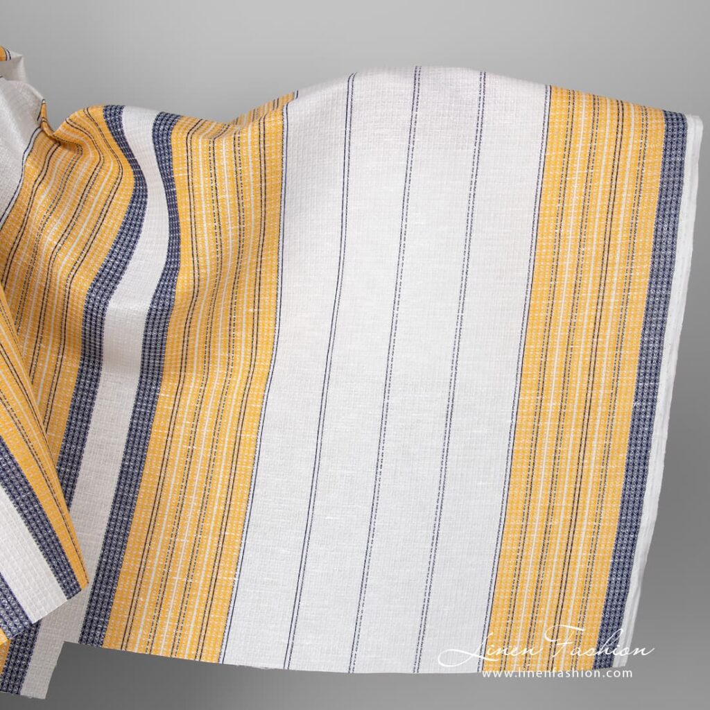 Tissu de lin et de coton gaufré blanc avec des rayures jaunes et bleues 1 Linen cotton fabric white waffle with yellow blue stripes