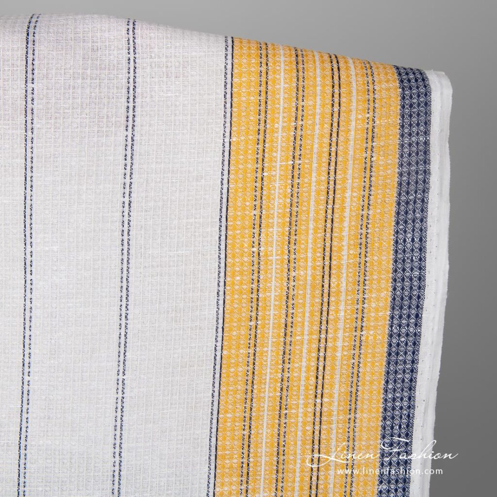 Tissu de lin et de coton gaufré blanc avec des rayures jaunes et bleues 2 Linen cotton fabric white waffle with yellow blue stripes product photo