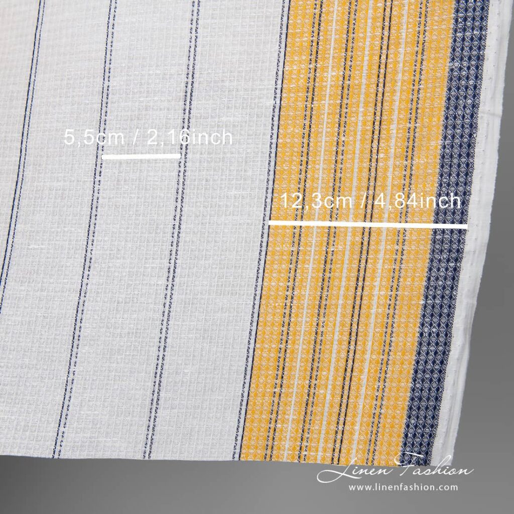 Tissu de lin et de coton gaufré blanc avec des rayures jaunes et bleues 4 Linen cotton fabric white waffle with yellow blue stripes with measurements