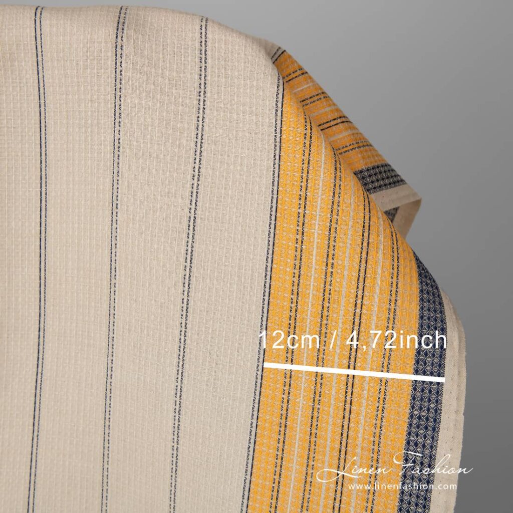 Tissu de coton lin gaufré sable avec rayures jaunes et bleues 4 Linen cotton fabric sand waffle with yellow blue stripes with measurements