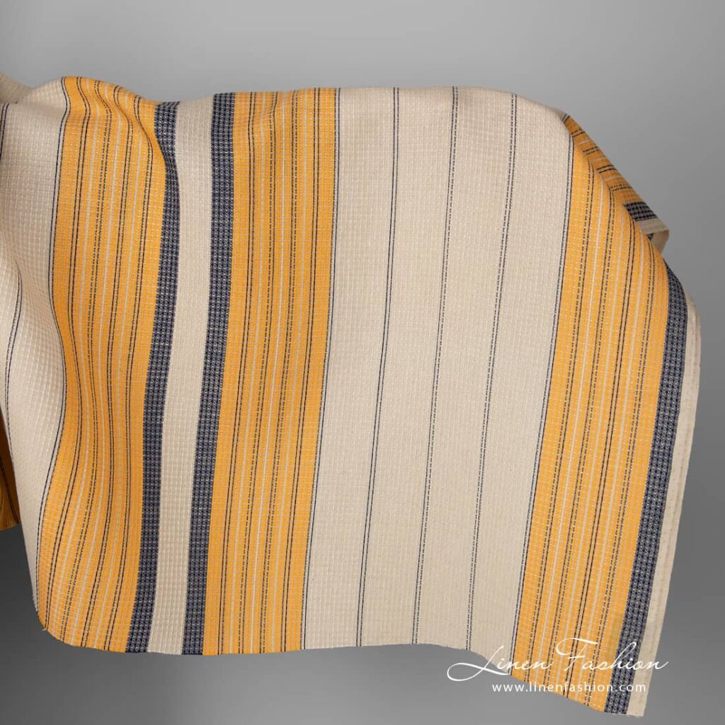 Tissu de coton lin gaufré sable avec rayures jaunes et bleues 1 Linen cotton fabric sand waffle with yellow blue stripes