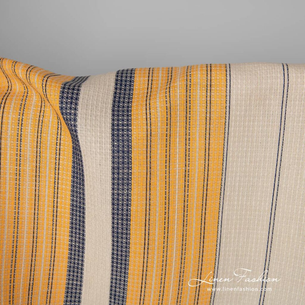 Tissu de coton lin gaufré sable avec rayures jaunes et bleues 3 Linen cotton fabric sand waffle with yellow blue stripes product photo