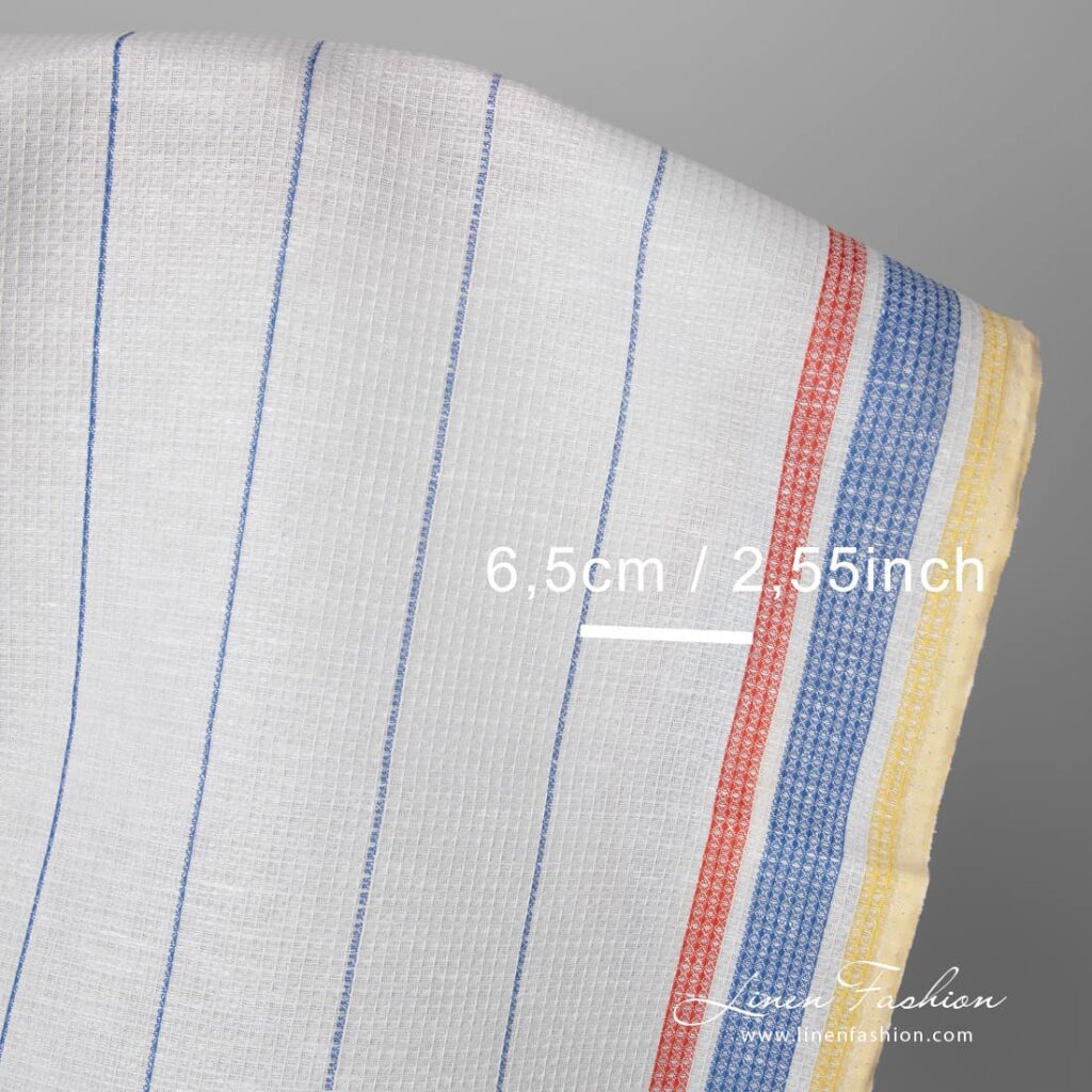Tissu de lin et de coton gaufré blanc avec des rayures jaunes et rouges 4 Linen cotton fabric white waffle with yellow red stripes with measurements