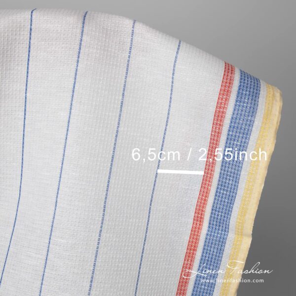 Linen cotton fabric white waffle with yellow red stripes with measurements