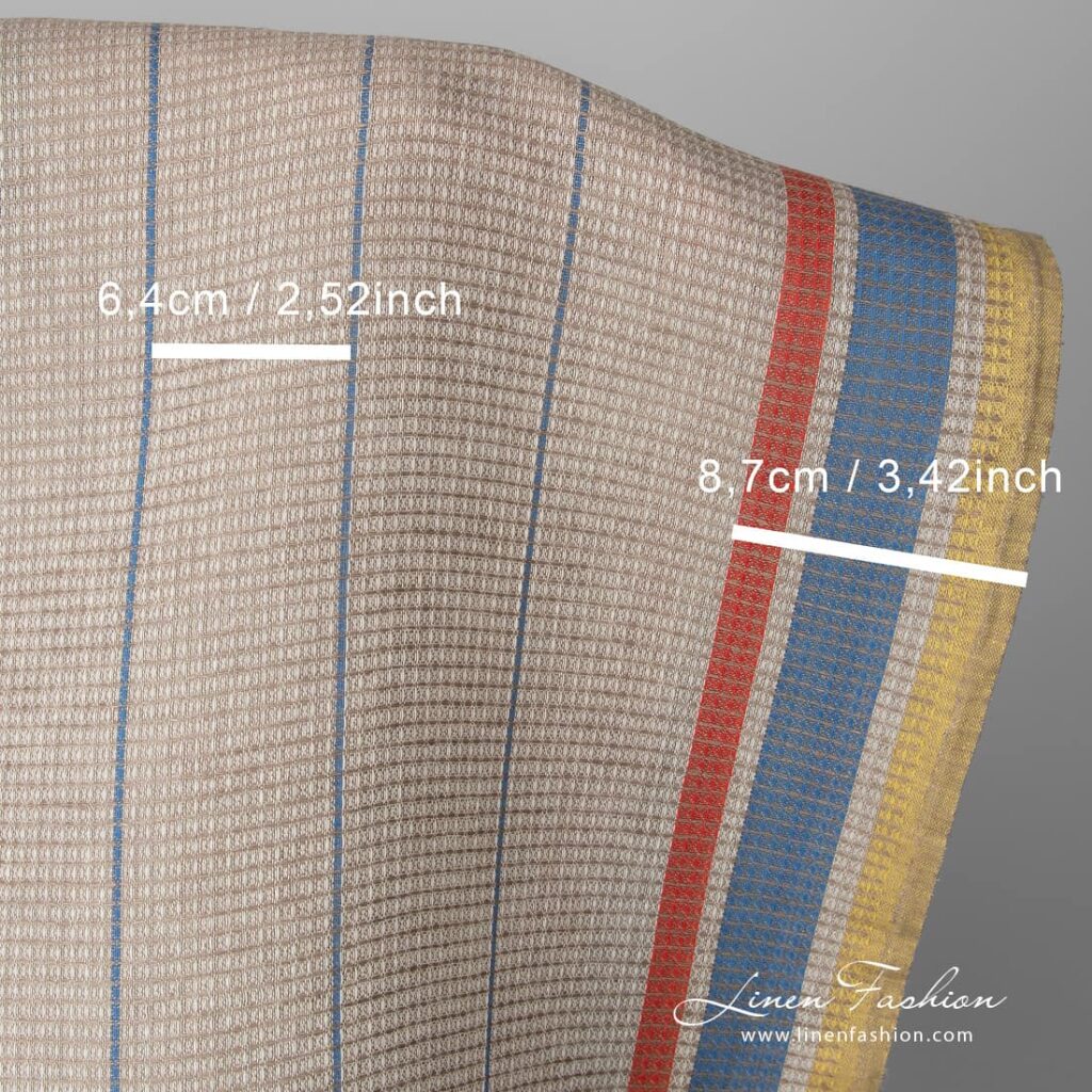 Tissu de lin et de coton gaufré sable avec rayures jaunes et rouges 4 Linen cotton fabric sand waffle with yellow red stripes with measurements