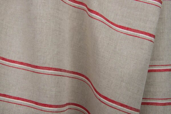 Tissu en lin et coton gris à rayures rouges – Image 2