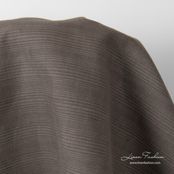 Linen blend fabric with thin brown, grey stripes