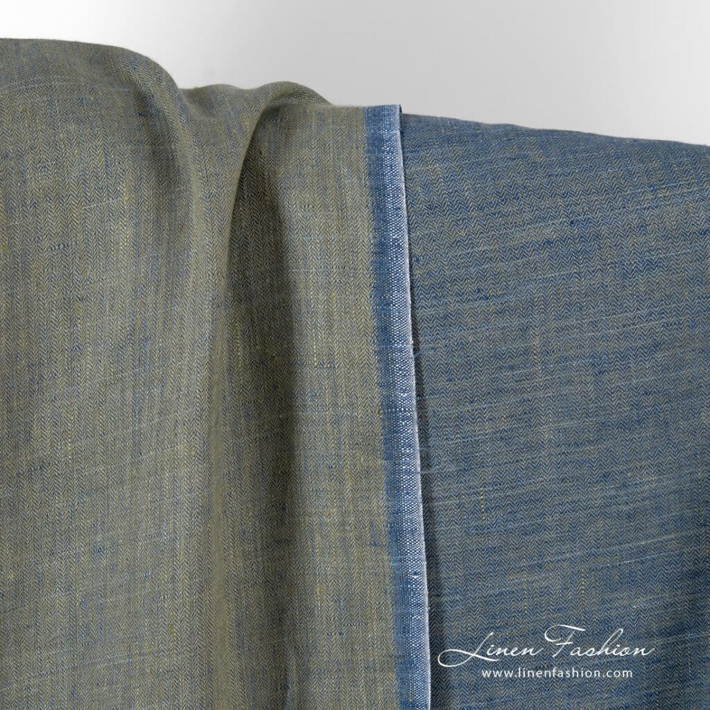 Tissu de lin à chevrons vert olive et bleu foncé 4 Tissu de lin à chevrons vert olive et bleu foncé – Image 4