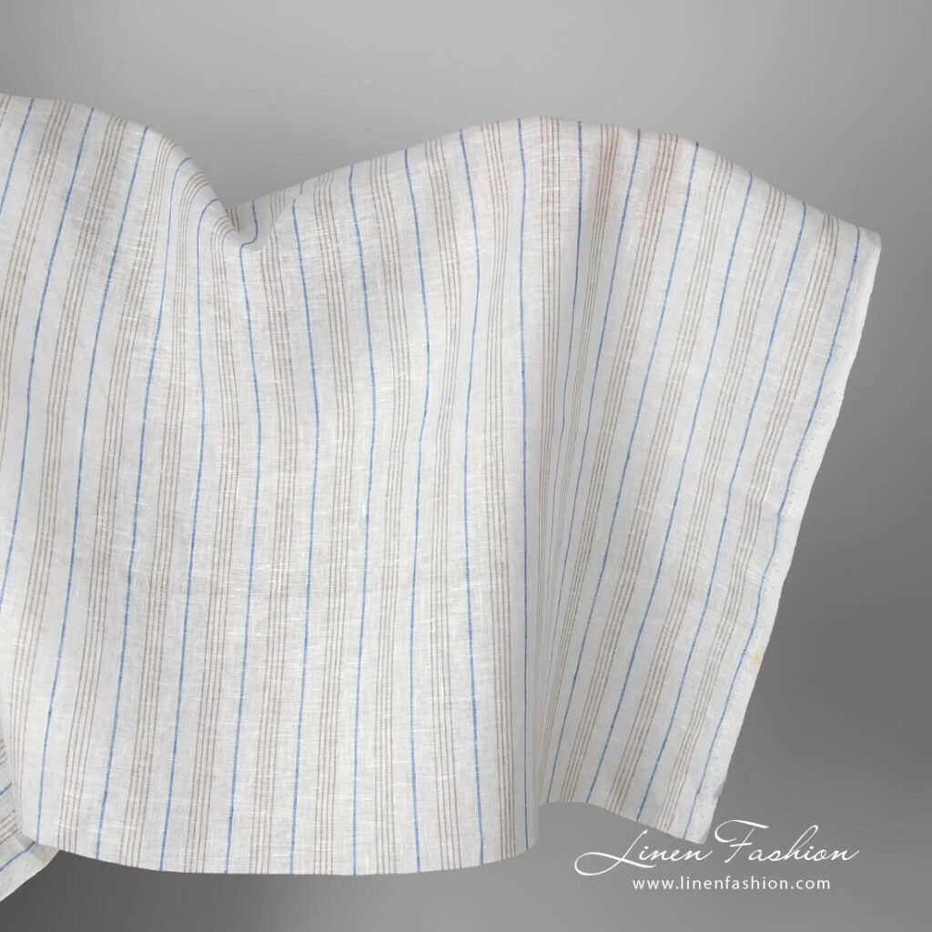 Tissu de lin blanc à rayures bleues et grises 1 Linen fabric white with blue and grey stripes