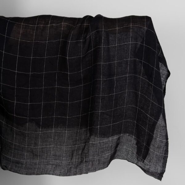 Black transparent checked linen fabric washed
