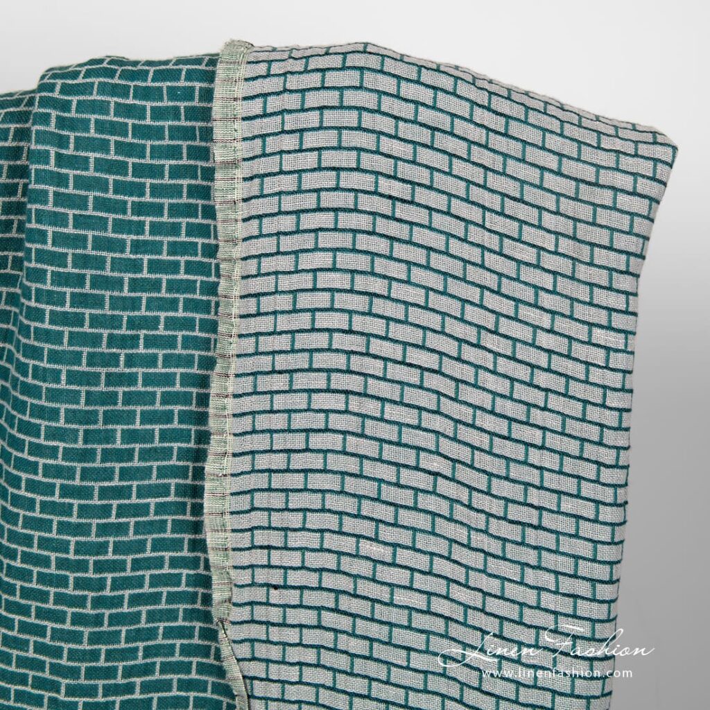 Tissu en lin et coton à motifs de briques grises et vertes lavées 2 Double-sided linen cotton fabric in brick bond pattern