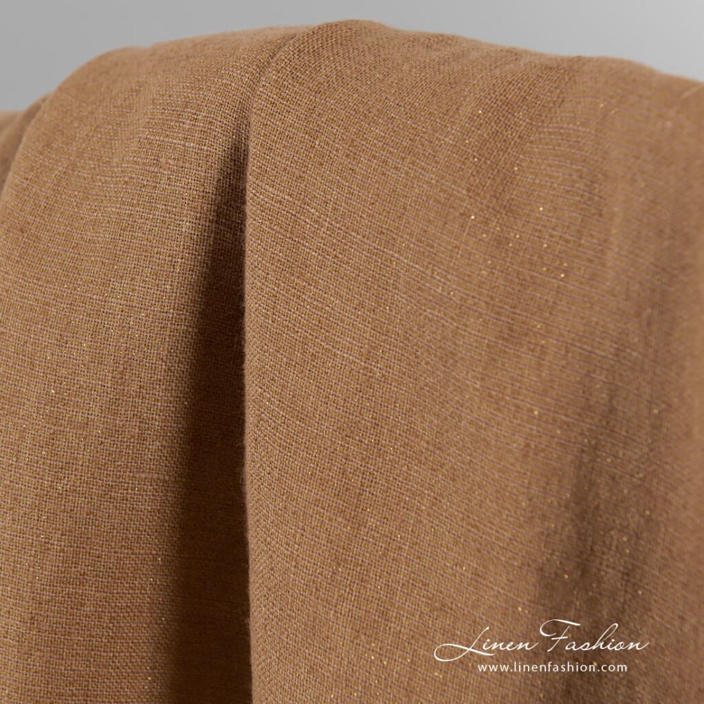 Tissu de lin marron clair avec lurex doré lavé 4 100% linen light brown fabric with golden lurex