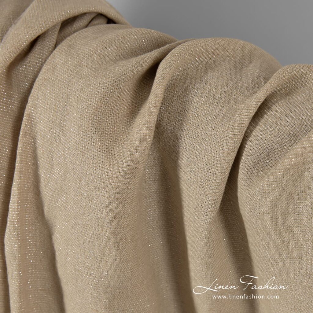 Tissu en lin beige foncé avec lurex argenté lavé 4 Dark beige linen fabric with silver lurex, washed