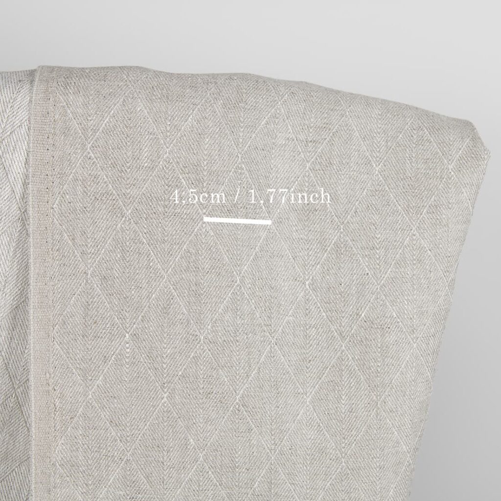 Tissu en lin beige double face à motif de losanges 3 Beige double-sided linen fabric in a diamond pattern with measurements