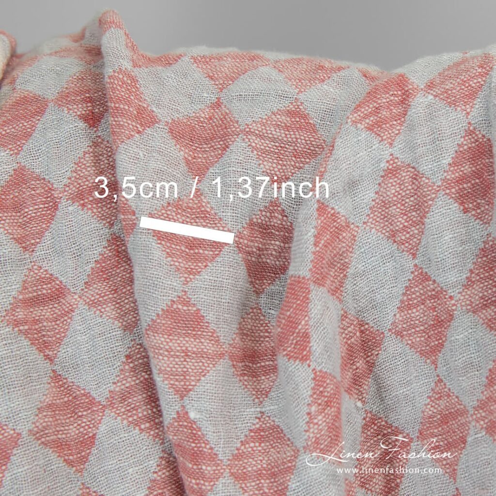 Tissu de lin et de coton en losange rouge lavé 3 Washed fabric in red rhombus.