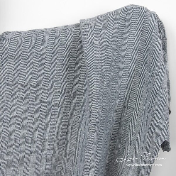 Herringbone linen fabric in dark blue & white