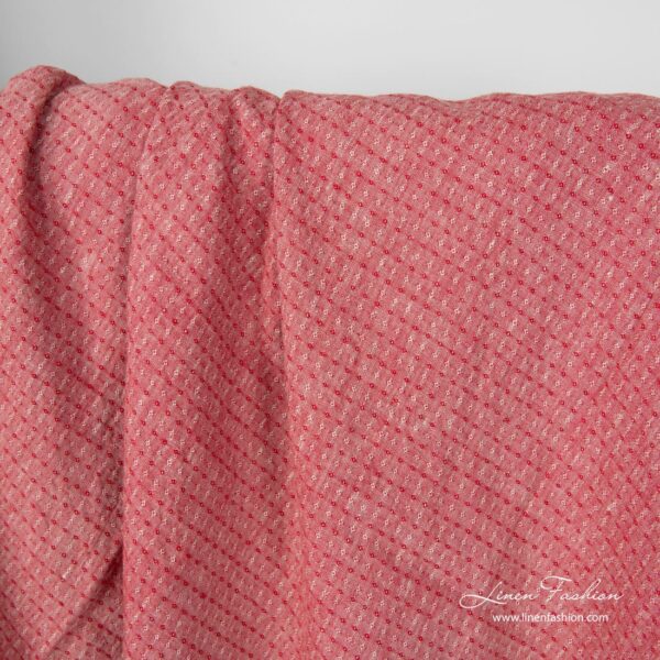 Washed linen fabric red grey melange, small diamond pattern