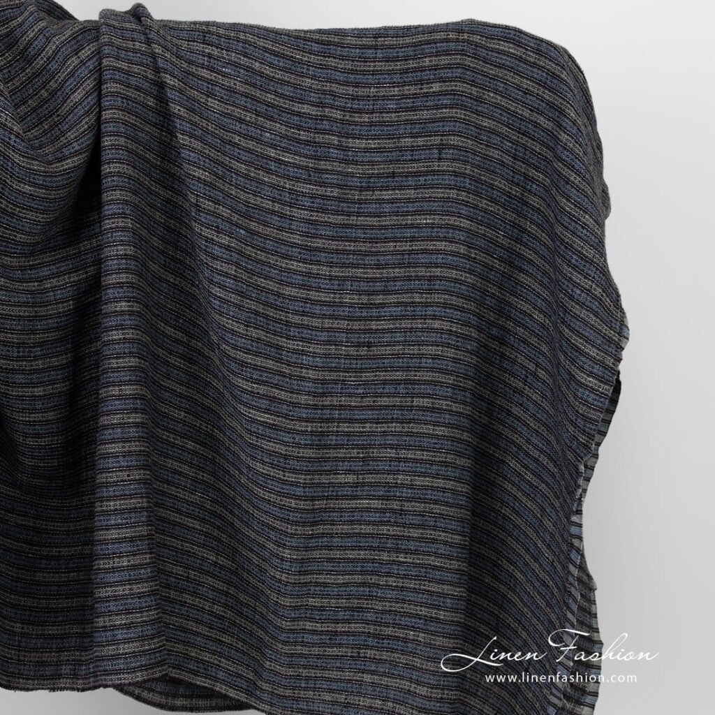 Tissu de lin rayé lavé à motif gaufré 1 Striped linen fabric in waffle pattern