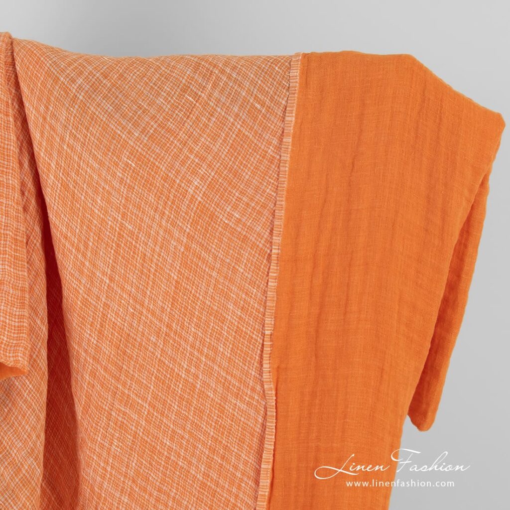 Tissu de lin orange double face à carreaux lavés 1 Double-sided orange linen fabric in checks