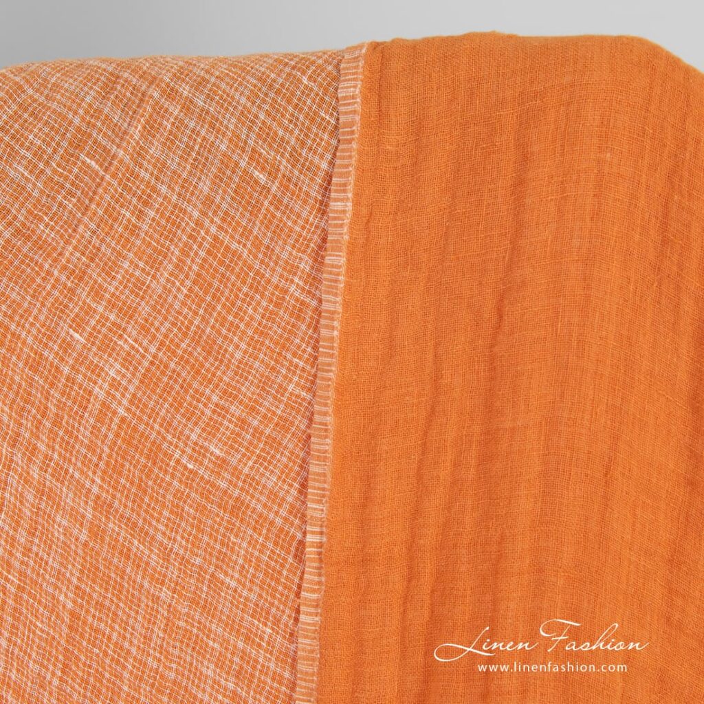 Tissu de lin orange double face à carreaux lavés 2 Double-sided orange linen fabric in checks, washed