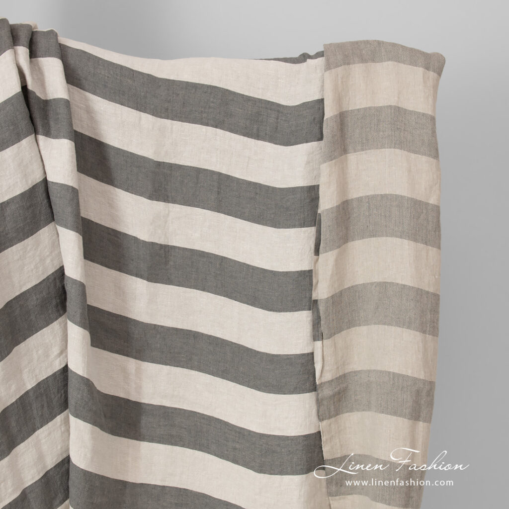Tissu de lin gris beige rayé lavé 5 linen fabric beige grey stripes, washed