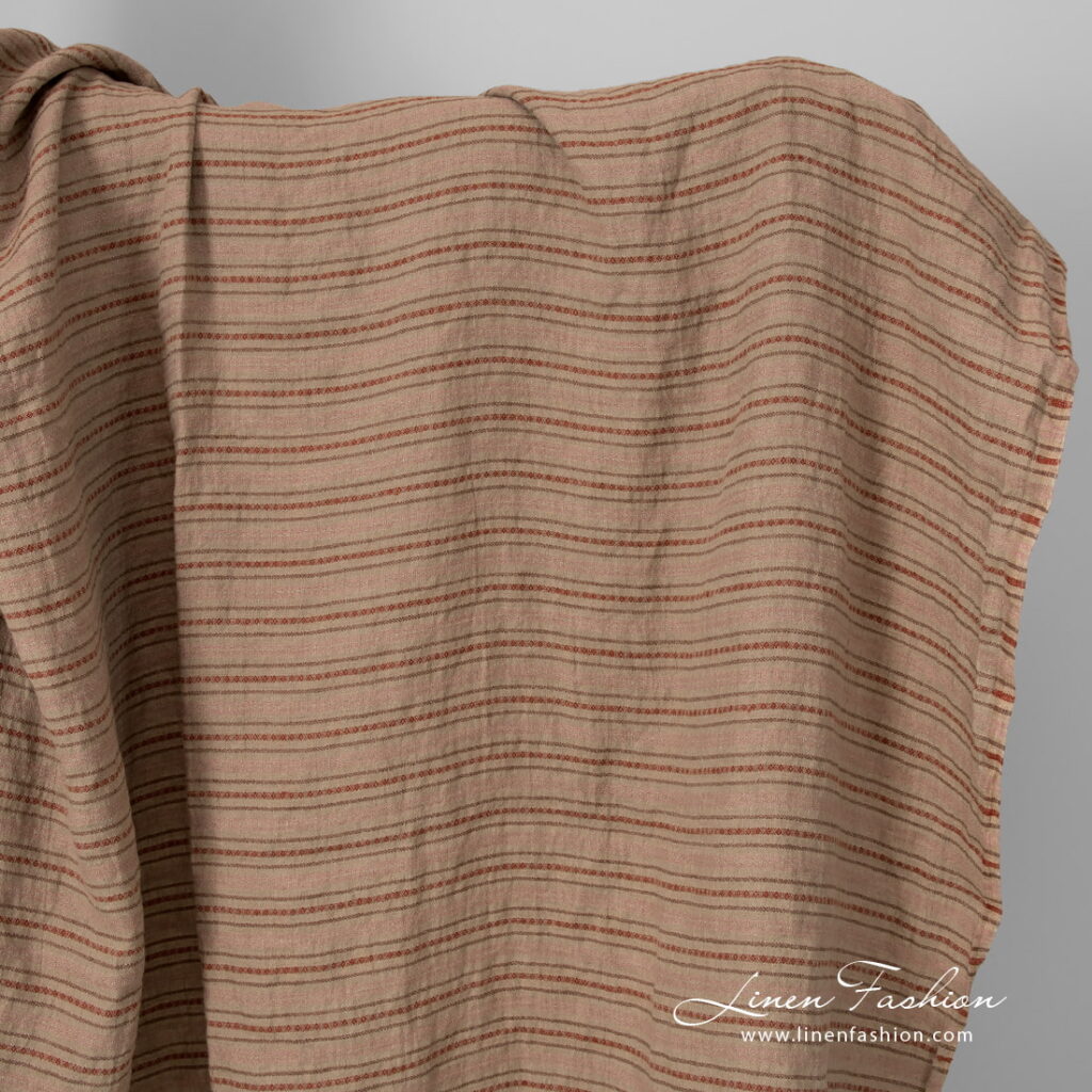 Tissu de lin à rayures brunes lavées 3 linen decorative striped fabric, washed.