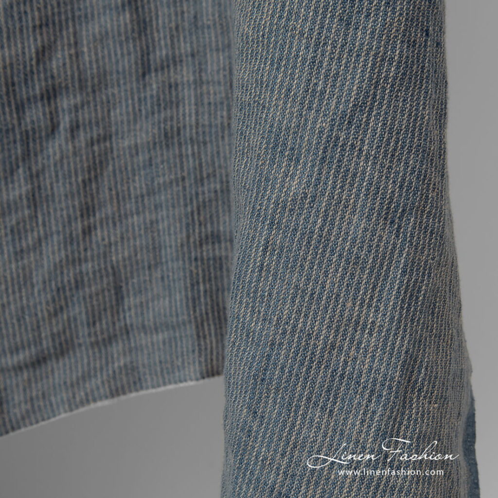Tissu bleu lin à rayures lavées 2 linen blue striped fabric, soft.