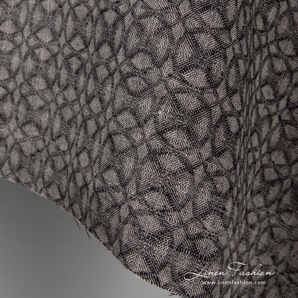 Tissu en lin gris noir à motifs géométriques 2 Geometrical black grey linen fabric.
