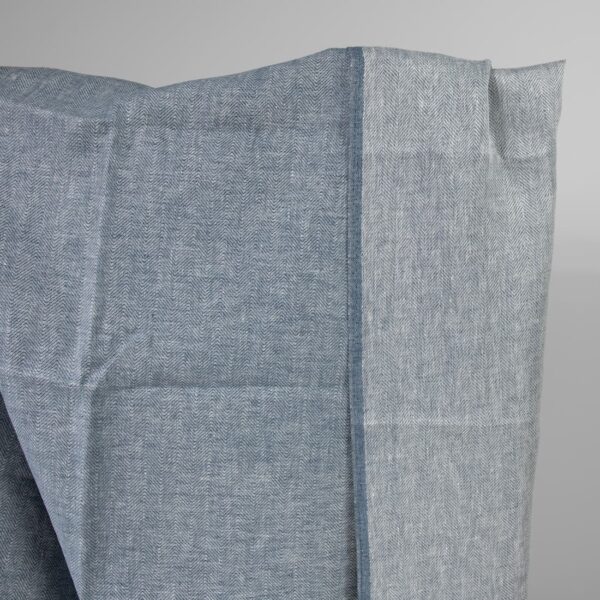 Linen fabric white blue in herringbone pattern double-sided