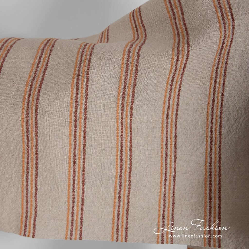 Lin coton marron tissu à rayures verticales lavé 2 Wide linen cotton rosy fabric