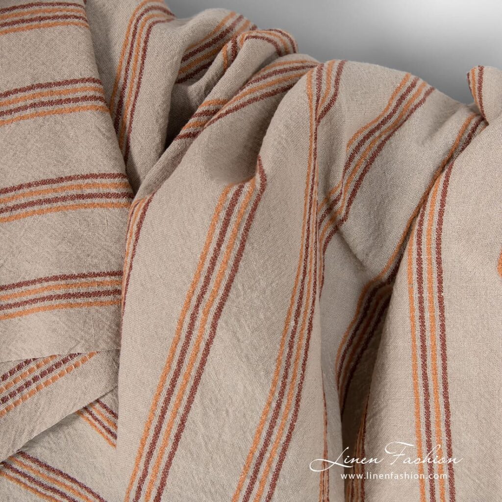 Lin coton marron tissu à rayures verticales lavé 3 Wide linen cotton rosy fabric with stripes