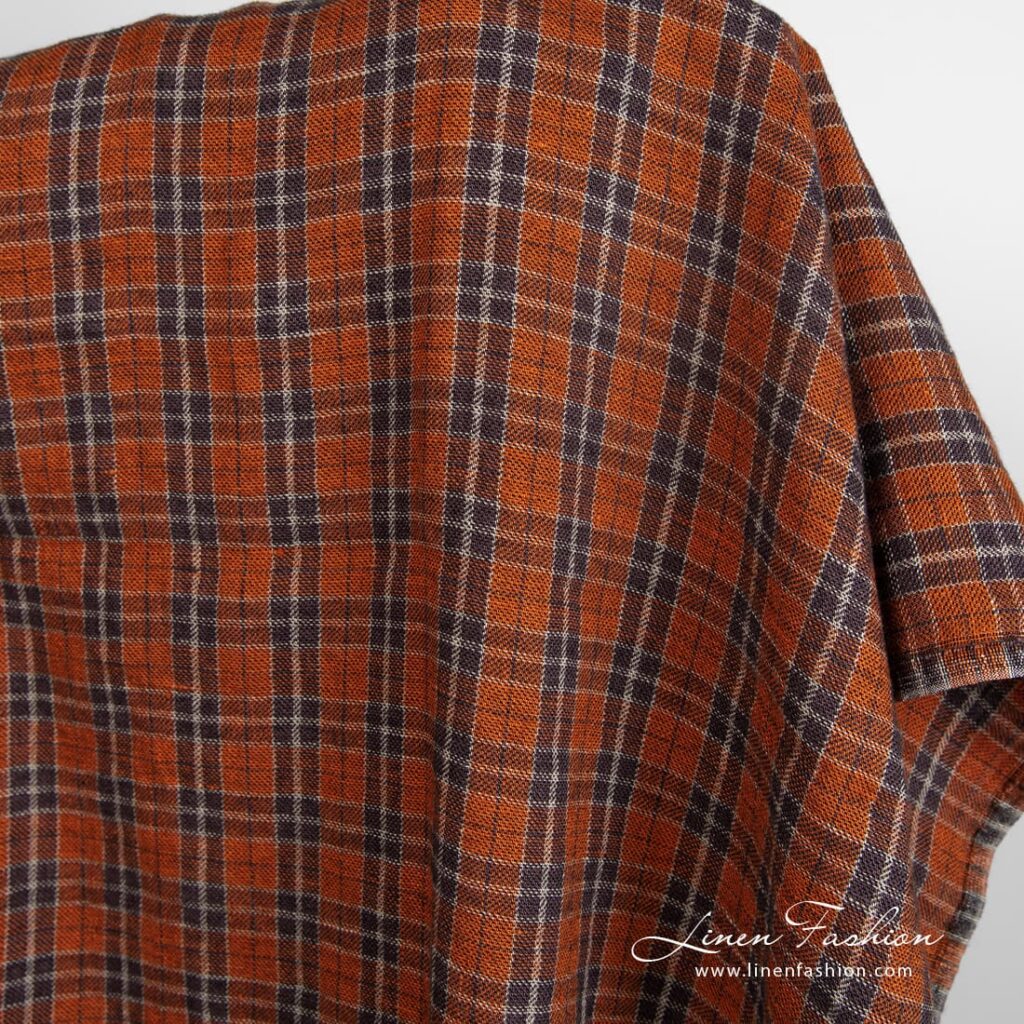 Tissu en laine de lin orange à carreaux lavés 2 Orange linen wool fabric in checks, specially washed to increase softness