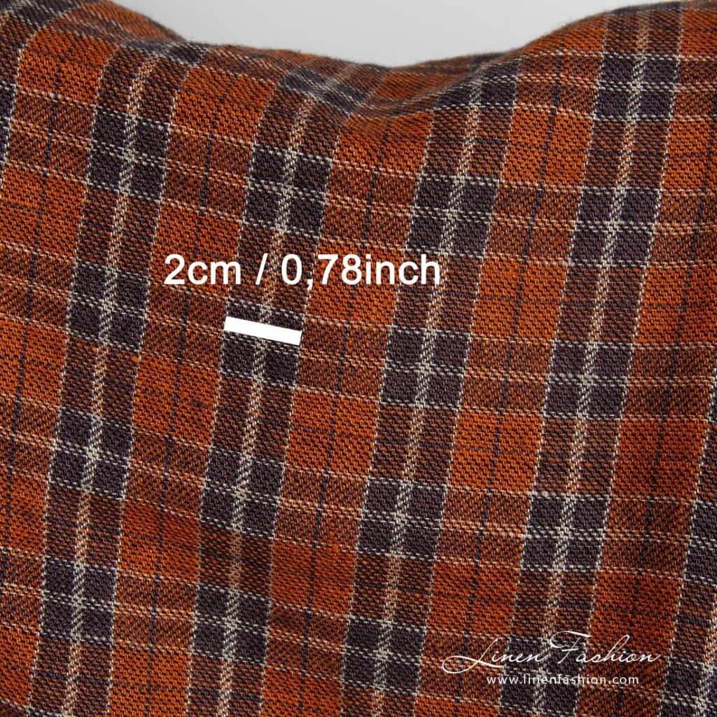 Tissu en laine de lin orange à carreaux lavés 4 Linen wool fabric in orange and black checks