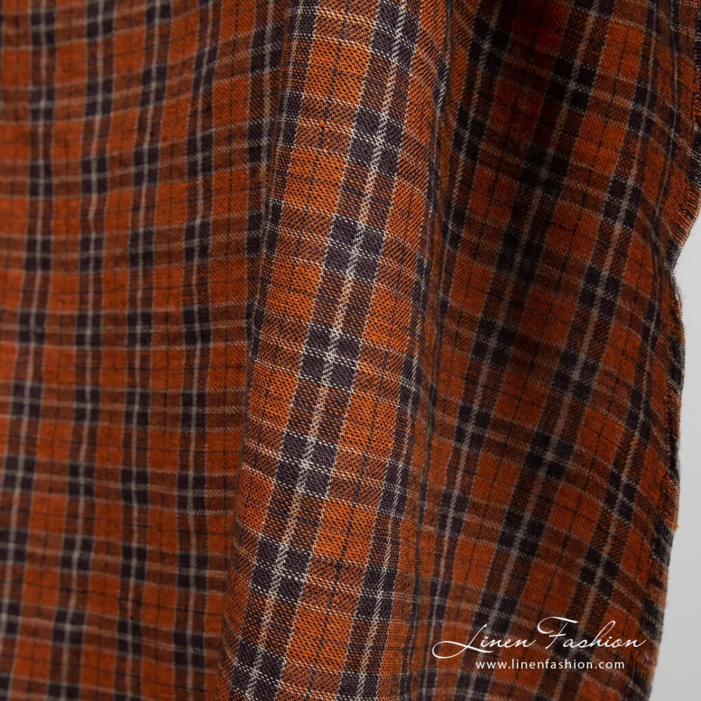 Tissu en laine de lin orange à carreaux lavés 3 Orange linen wool fabric in checks, perfect for clothes and home textile